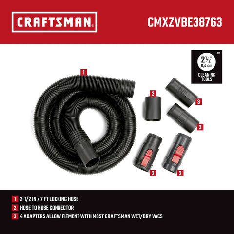 2-1/2 Inch Wet Dry Vacuum Hose Attachment Kit With POS-I-LOCK, Dual Flex 180 Degree Ends, includes hose and connectors, Craftsman