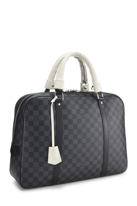 White Damier Graphite Porte Documents Voyage Travel Document Holder pre-loved, light scuffs, leather accents, 14x11x2 inches.