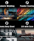 Robotic welding, powder coating, heavy duty steel, and easy lifting features of the Beefy 20 Ton Pneumatic Air Hydraulic Bottle Jack.