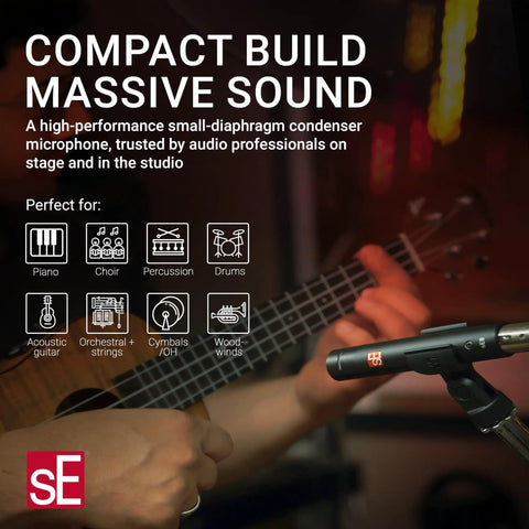 Matched Pair Small Diaphragm Condenser Microphones, XLR, Pro Instrument Mics shown with a person playing guitar on stage.
