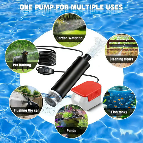 Versatile Battery Powered Sewage Pump For Pool Drainage And Pond Care shown with multiple uses like garden watering and pet bathing.