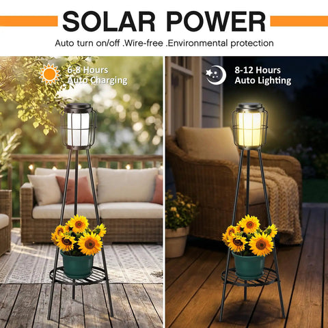 Day and night view of 2 Pack Outdoor Solar Lights With Plant Stand And Tall Metal Planter Holder for patio garden decor