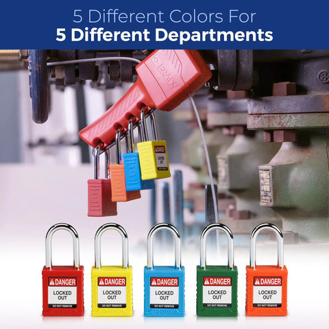 Assorted safety lockout padlocks locked on machinery for OSHA compliant lockout programs, five colors for department distinction.
