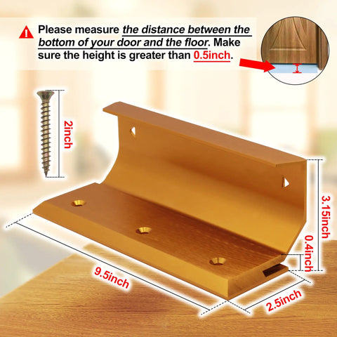 Heavy Duty Aluminum Security Door Brace With Floor Anchor For Standard And French Doors, measuring 9.5x2.5 inches, shown with screw.