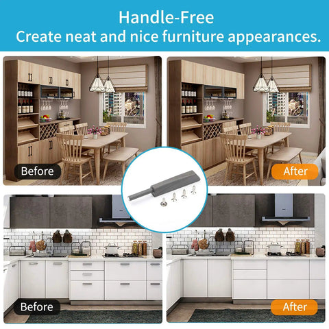 Before and after images displaying Straight Up Zero Hassle Magnetic Push Open Latches For Cabinets And Drawers Dark Grey hardware.