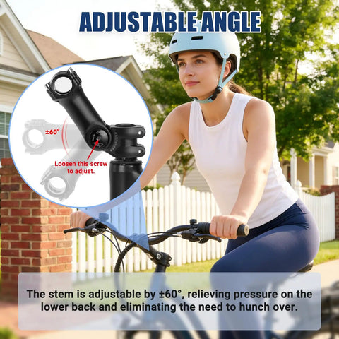 Adjustable Bike Stem for 25.4mm Handlebars and 28.6mm Forks, showing angle adjustment on bike with rider