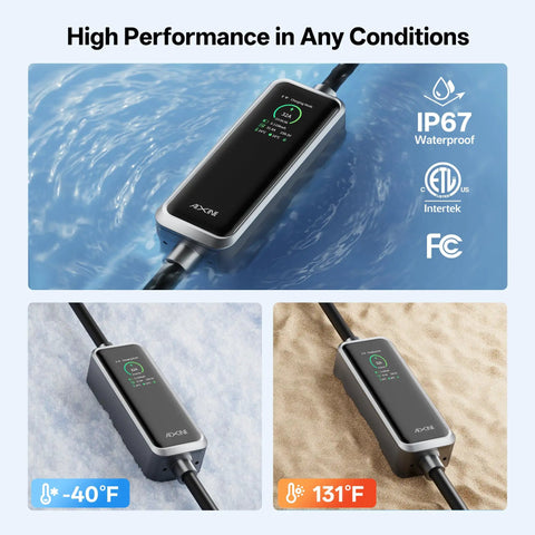 Level 2 EV Charger With WiFi App, 32A J1772, 25Ft Extension Cord shown in waterproof conditions