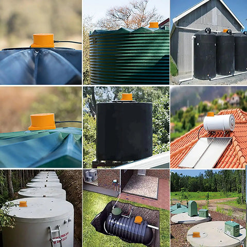 Collage of tanks equipped with WiFi Water Level Sensor For Tanks With No Fuss Remote Smart Life App Alerts, installed outdoors.