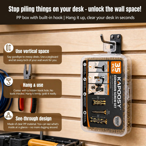 Thirty Five Pack Heavy Duty Self Expanding Metal Anchor Screws Tough Zinc Steel Plugs Designed To Bust Sagging Cabinet Hinges Patch Wide Chewed Screw Holes For A Snap Tight Door Fix displayed in a clear PP box with built-in hook.