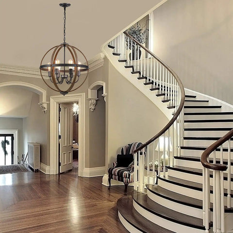 Six-Light Orb Chandelier, 23.62-Inch Rustic Farmhouse Lighting In Stardust Finish hanging in elegant foyer with curved staircase