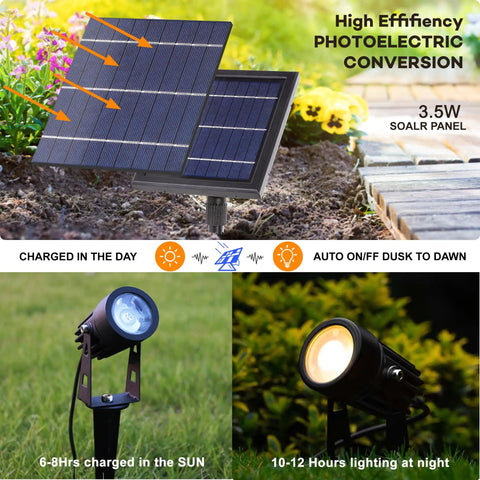 Solar Powered Cast Aluminum Warm White LED Spotlight For Outdoor Garden Yard Landscape Trees Uplight And Downlight With Waterproof Build And Separate Solar Panel With Sixteen Point Four Ft Cable Auto Five To Eight Hour Night Lighting, showing solar panel and two spotlights in a garden.