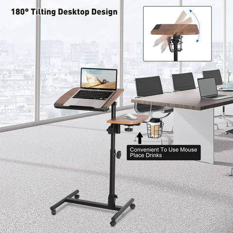 Super Chill Rolling Laptop Desk With Height Adjustable Dual Shelves And On Board Cup Holder Hella Flexible Bedside Table in an office setting.