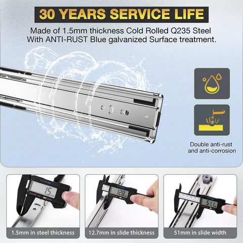 Beefy Heavy Duty Full Extension Drawer Slides For Side Mount 12 To 40 Inch Steel Rails with anti-rust treatment and thickness details