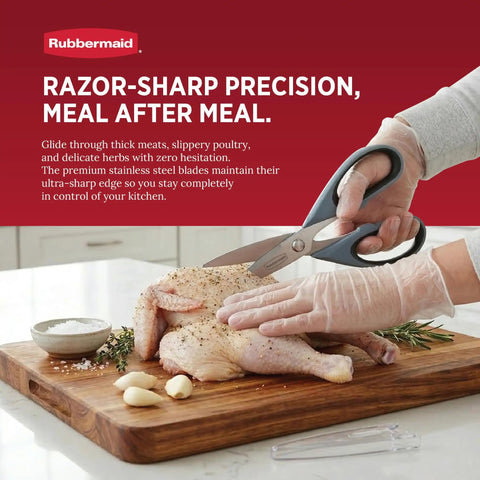Heavy Duty Stainless Steel Kitchen Scissors With Comfy Non Slip Grip And Reliable Safety Sheath Rust Resistant Chef Shears cutting raw chicken on a wood cutting board.