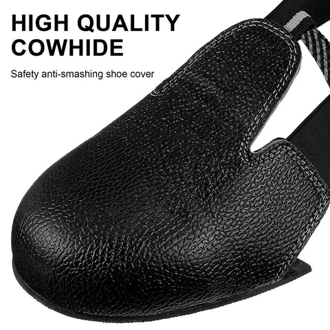 Close-up of Crush Proof Steel Toe Caps One Pair Universal Overshoe Protectors, black cowhide material with adjustable strap.
