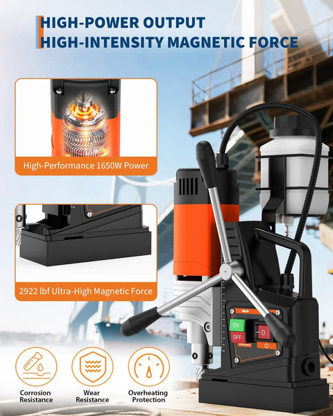 Portable Magnetic Drill Press 1650W 1.57 Inch Boring With 10 Speeds Up To 810Rpm And Powerful 2922Lbf Holding Force showing high-performance motor and controls.