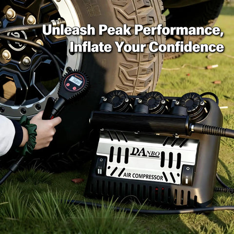 Danboniu 12V Portable Air Compressor With Three Cylinder Motor inflating tire with pressure gauge, suitable for trucks and off-road use.