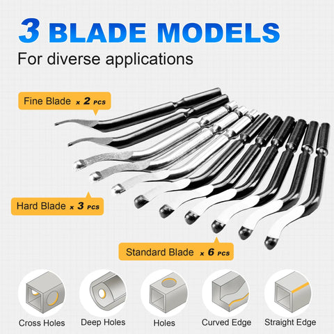 Pro Grade Deburring Tool Kit With 11 High Speed Steel Blades And A 360 Degree Rotary Head for smooth edges, 3 blade models displayed