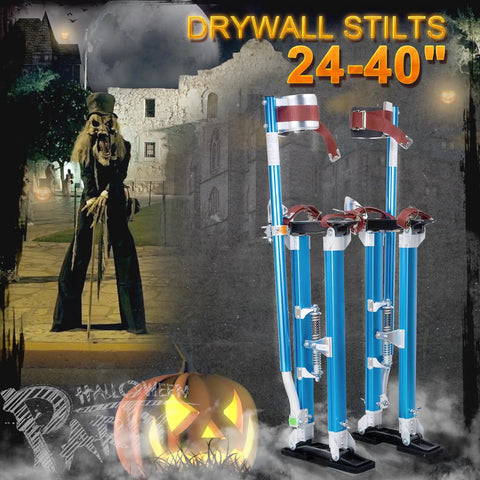 Adjustable Drywall Stilts 24 To 40 Inches With Lightweight Aluminum Frame And Knee Pad Protection next to Halloween decorations.