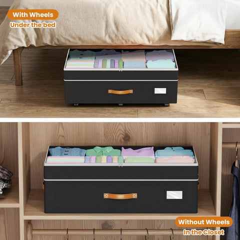 Adjustable Under Bed Storage Bins With Smooth Rollers Rolling Closet Organizers For Clothes And Shoes Flexible Height Expands To Fit All Frames Glides Under Beds Easy To Keep Your Room Lookin Clean in black, shown under bed and in closet.