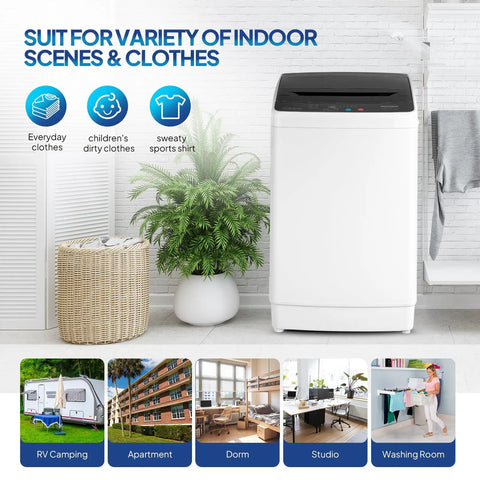 No Sweat Portable Washer And Spin Dry Combo Featuring A Heavy Duty Stainless Steel Drum Full Automatic Electric Laundry Machine With Drain Pump Ready For Rapid Apartment Loads in a modern laundry space with plants.