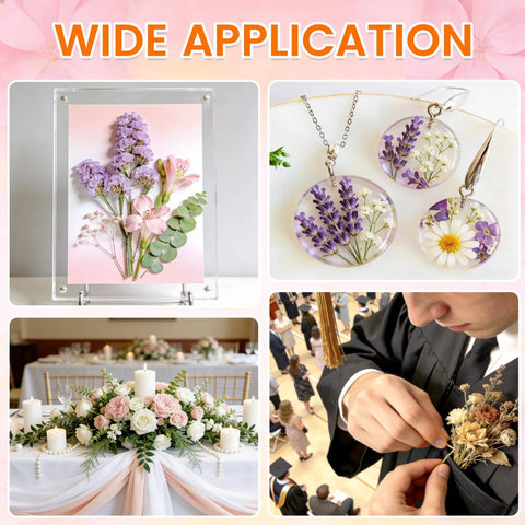 Collage showing Legit Fast Absorbing Flower Drying Silica Gel Two Pounds Fine Reusable Crystals used in floral art and decoration projects.