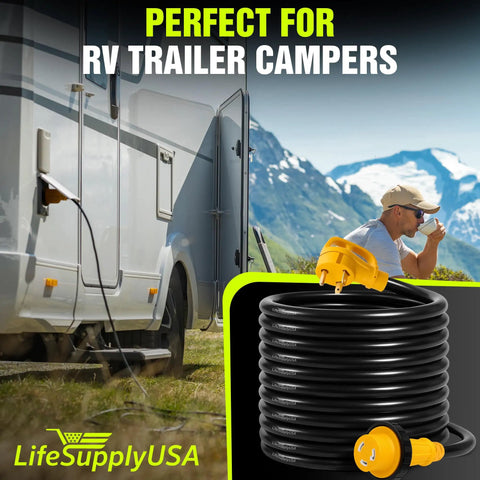30 Foot 50 Amp RV Extension Cord With 4 Prong 14-50P And Twist Lock SS2-50R connected to RV trailer.