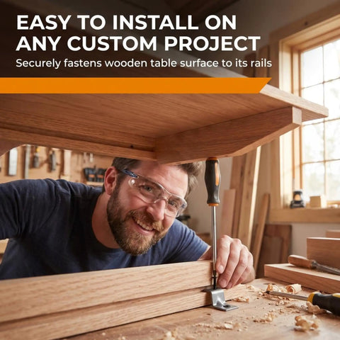 Man installing No Sweat Assembly Z Bracket Tabletop Fastener Kit With Black Screws, securing wood table top in workshop.