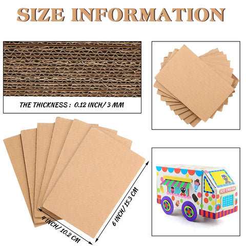 High Grade Corrugated Cardboard Sheets 50 Pack Brown 3mm Thickness 4 X 6 Inches lying flat with measurements and crafting example.