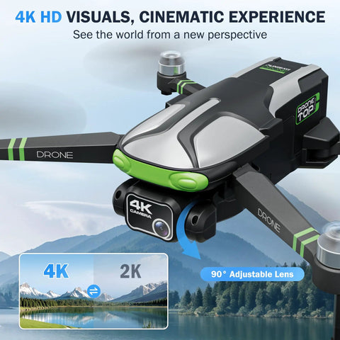 4K Camera GPS Drone For Adults With 5.7 Inch FPV Touchscreen, showcasing 90° adjustable lens and foldable design over scenic landscape.