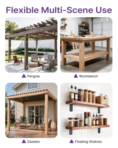 Rock Solid Heavy Duty L Brackets 5X5X2.5 Inch Thick Steel Corner Supports Built Tough For 300 Lb Loads used in pergola, workbench, gazebo, and floating shelves.
