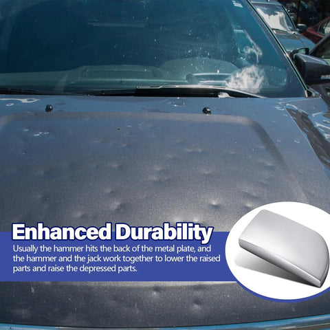 Heavy Duty Iron Toe Dolly For Auto Body Dent Repair And Panel Straightening Built Like A Tank Workhorse Tool For Paintless Fixing and Sheet Metal Shaping on a dented car hood.