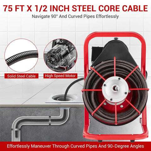 Automatic Feed Electric Drain Snake Auger With Seventy Five Foot Steel Core Cable positioned next to plumbing pipes, demonstrating maneuverability.