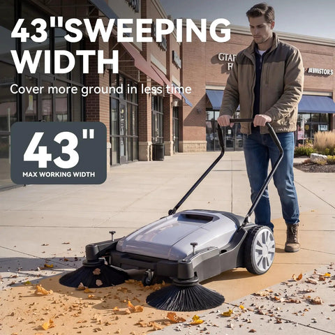 43 Inch Walk Behind Floor Sweeper With 15 Gallon Hopper Heavy Duty Industrial Cleaner For Warehouses. Man using sweeper outdoors.