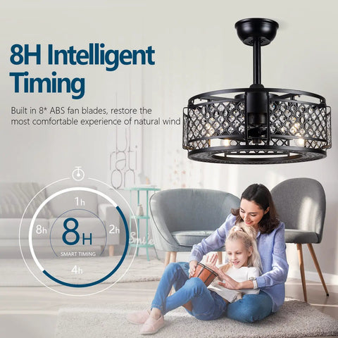 Crystal Caged Bladeless Ceiling Fan With Lights Dope Black Enclosed Chandelier Ceiling Fan With Remote Control Safe Eight Hidden ABS Blades In Cage