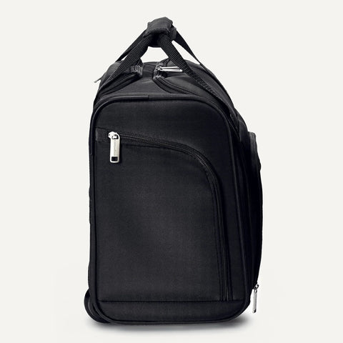 Amazon Basics underseat carry-on luggage with wheels and handle, 14-inch black bag side view