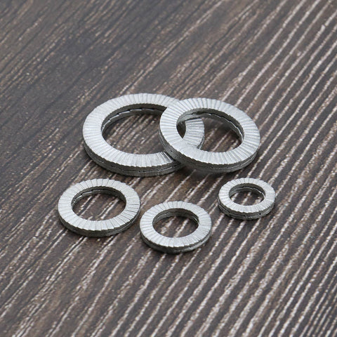 Five manganese steel wedge lock washers, assorted sizes (M8–M20).