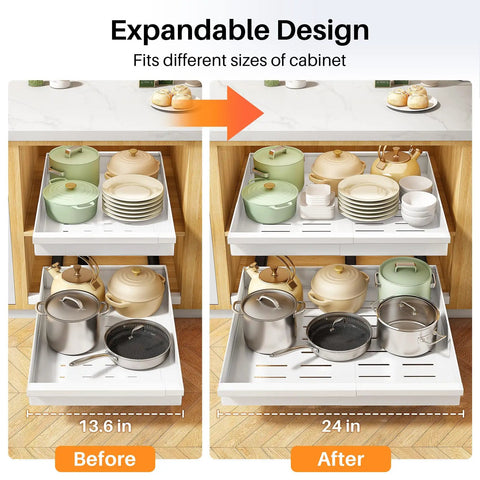 Make Kitchen Storage A Cinch With This Expandable Pull Out Organizer Featuring Full Extension Roll Out Slides and Raised Pads for Framed Units Organize Pots Slick and No Sweat, shown in before and after expansion to 24 inches.
