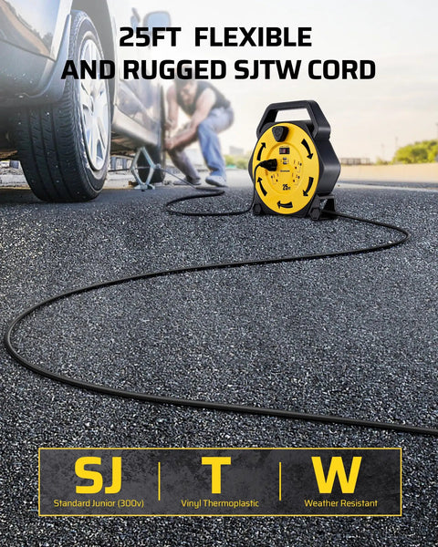 Heavy Duty Cord Reel With Four Outlets And Two USB Ports, 25-Foot Retractable Extension Cord, 16/3 Cable, outdoor use