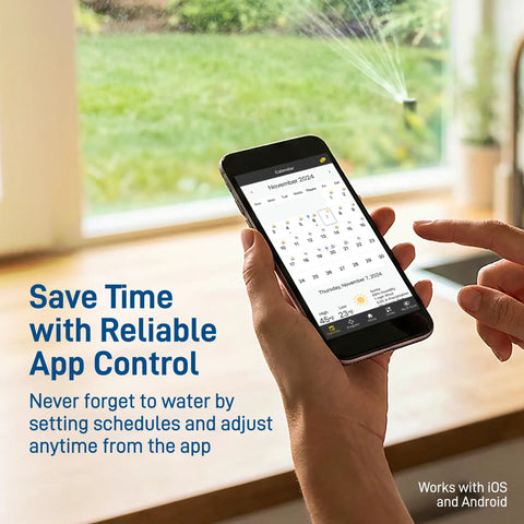 Smartphone with app controlling Must-Have 4 Port Smart Hose Watering Timer With Wi-Fi Hub And WeatherSense Auto Watering