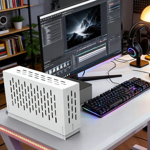 External GPU Docking Station For Laptop Gaming And Handheld Consoles With PCIe Graphic Accelerator Aluminum Cooling Enclosure on desk.