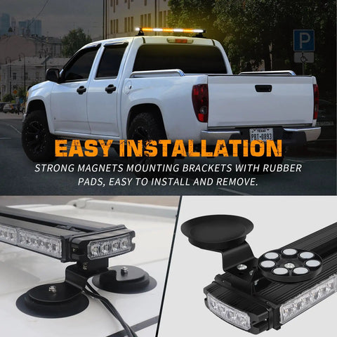 Heavy Duty Twenty Eight Point Four Inch Eighty Led Roof Strobe Light Bar Featuring Slick Amber And White Flashing Visibility For Roadside Safety And Commercial Fleet Rig Operations mounted on vehicle with strong magnets and brackets.