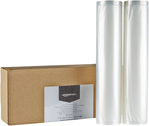 White Vacuum Sealer Bag Rolls Two Pack Heavy Duty Food Storage Compatible With Any Machine Hella Durable And Straight Up Essential For Freezer Safe Food Prep in packaging with two rolls.