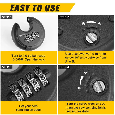 Rugged Outdoor Combination Disc Padlock With Four Digit Code Heavy Duty Weatherproof Rustproof Lock for easy setup instructions.