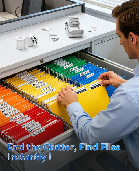 Person organizing color-coded file folders using Wireless Bluetooth Label Printer For Home Organization 2 Inch Compact Sticker Maker App Connected Seamless Sync For Smartphone Or Laptop Silver Build.