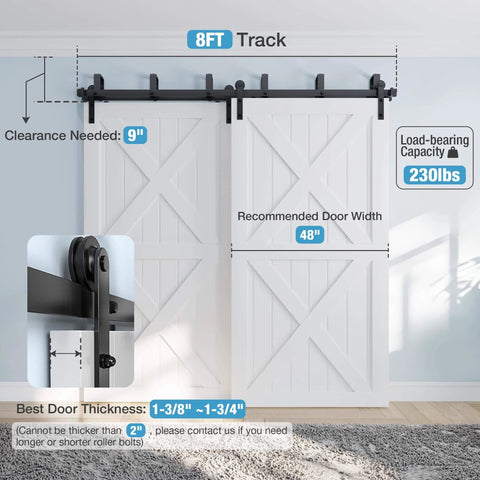 Image of an 8ft Double Track Bypass Barn Door Hardware Kit for low ceiling spaces, featuring dual white doors and black metal hangers.