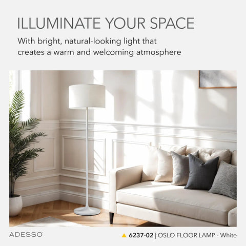 Scratch Proof Matte White Floor Lamp With Corrosion Resistant Body For Cozy Bedroom And Living Room Corner Decor, Scandinavian Inspired Tulip Base With Horizontally Striped Shade Delivers Warm, Modern Mood Lighting next to sofa in bright room.