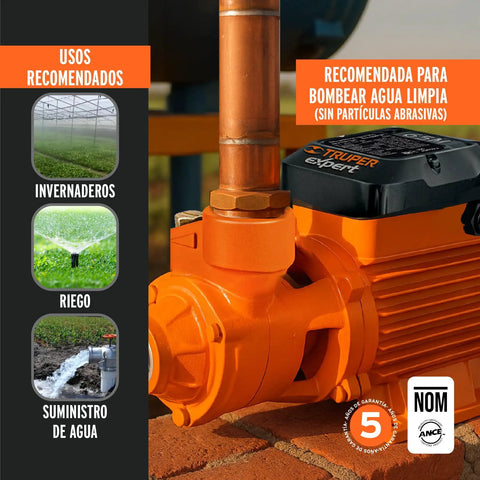 Close-up of orange electric peripheral water pump, 3/4 HP for high lift, moves water up to 65m with 45 L/min flow, IPX4 rated.