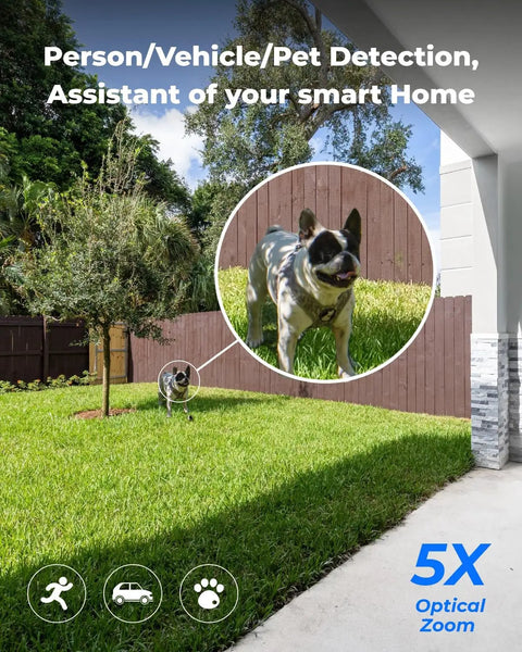 4K PoE Outdoor Security Cam with 123 Degree Field Of View And 5X Optical Zoom monitoring backyard with pet detection