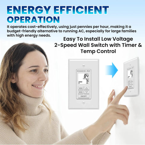 Premium Whole House Fan With Integrated Temp Timer And 3945 Cfm High Velocity Airflow for controlling temperature with a wall switch.